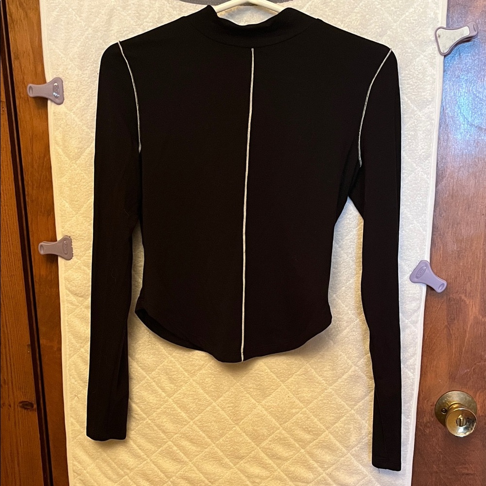 Reformation Black Long-Sleeve Mock Neck Top with White Contrast Stitching